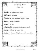 wonders unit one week three vocabulary words printout